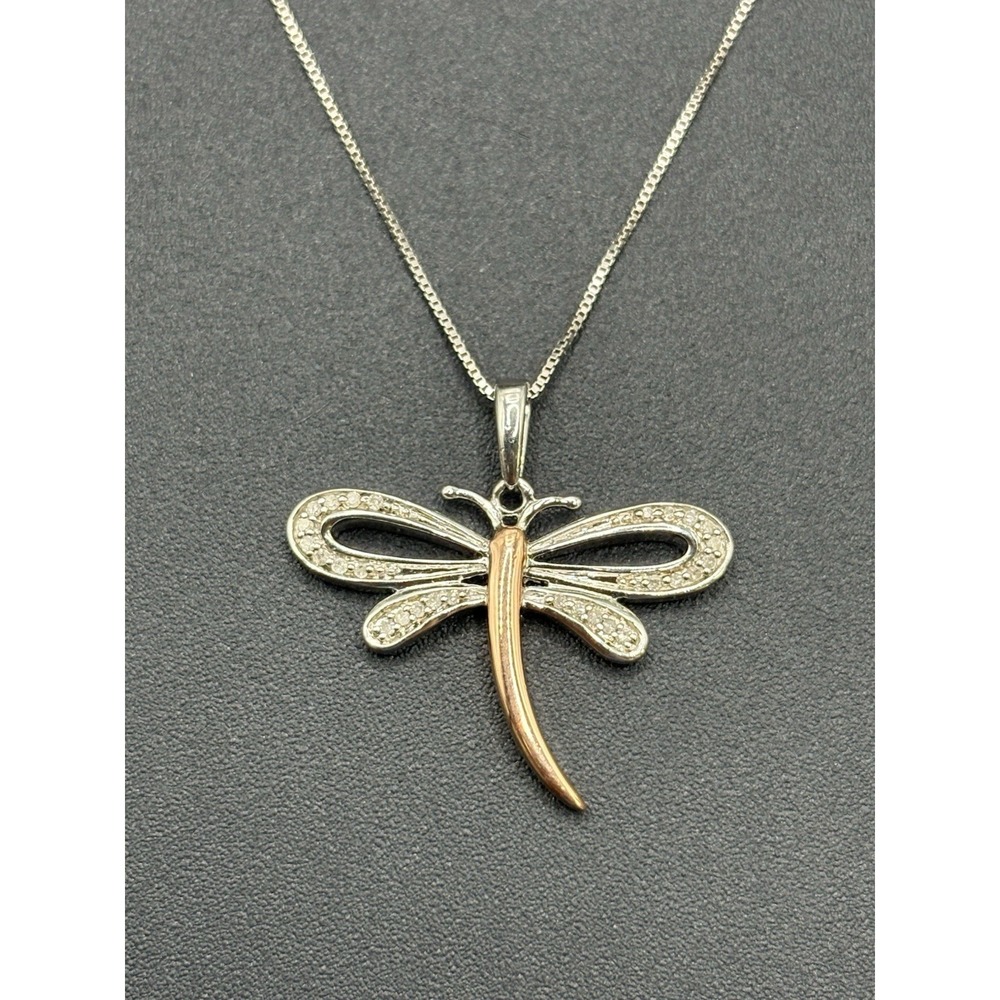 18" NewCondition SterlingSilverRoseAccent Genuine 1/10TH Diam Dragonfly Necklace
